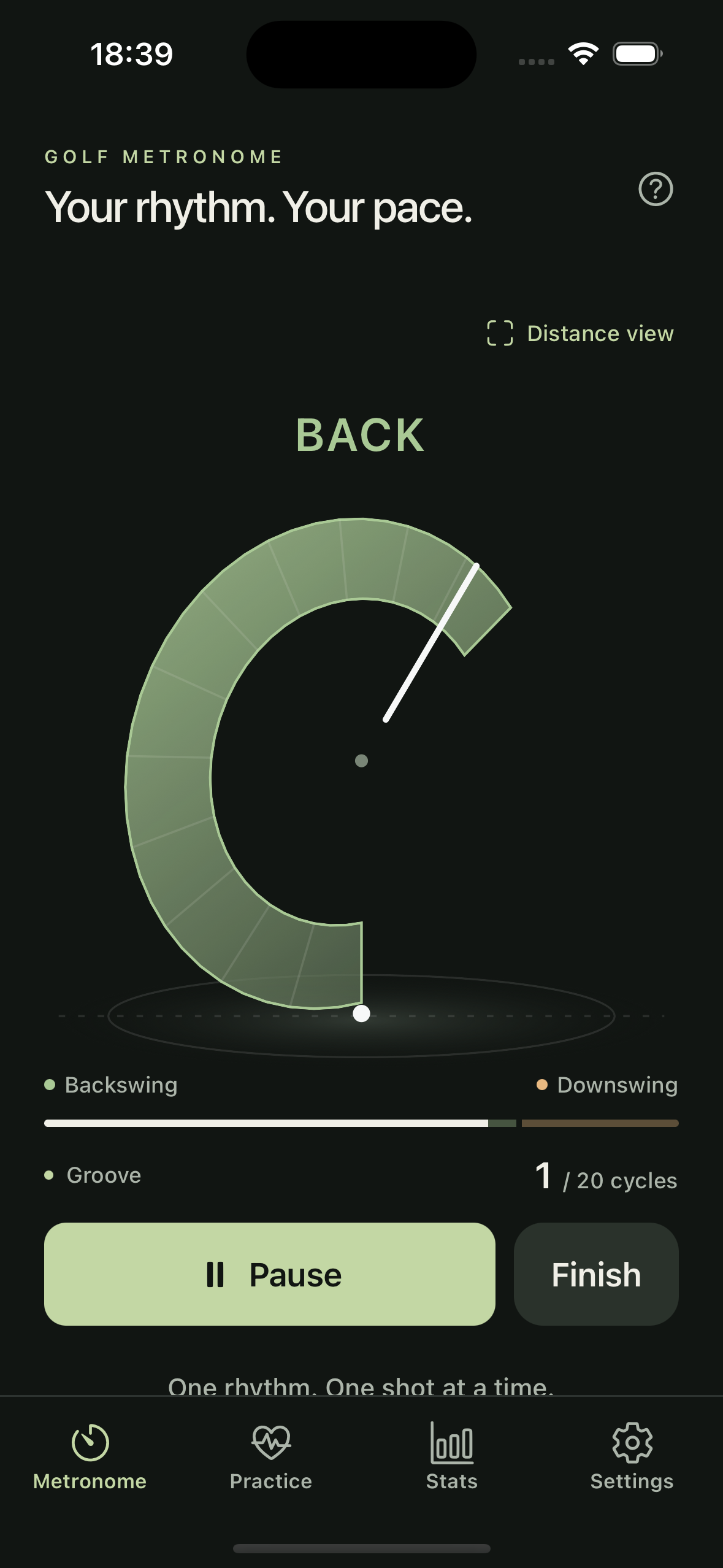 Golf Metronome app showing the active metronome screen
