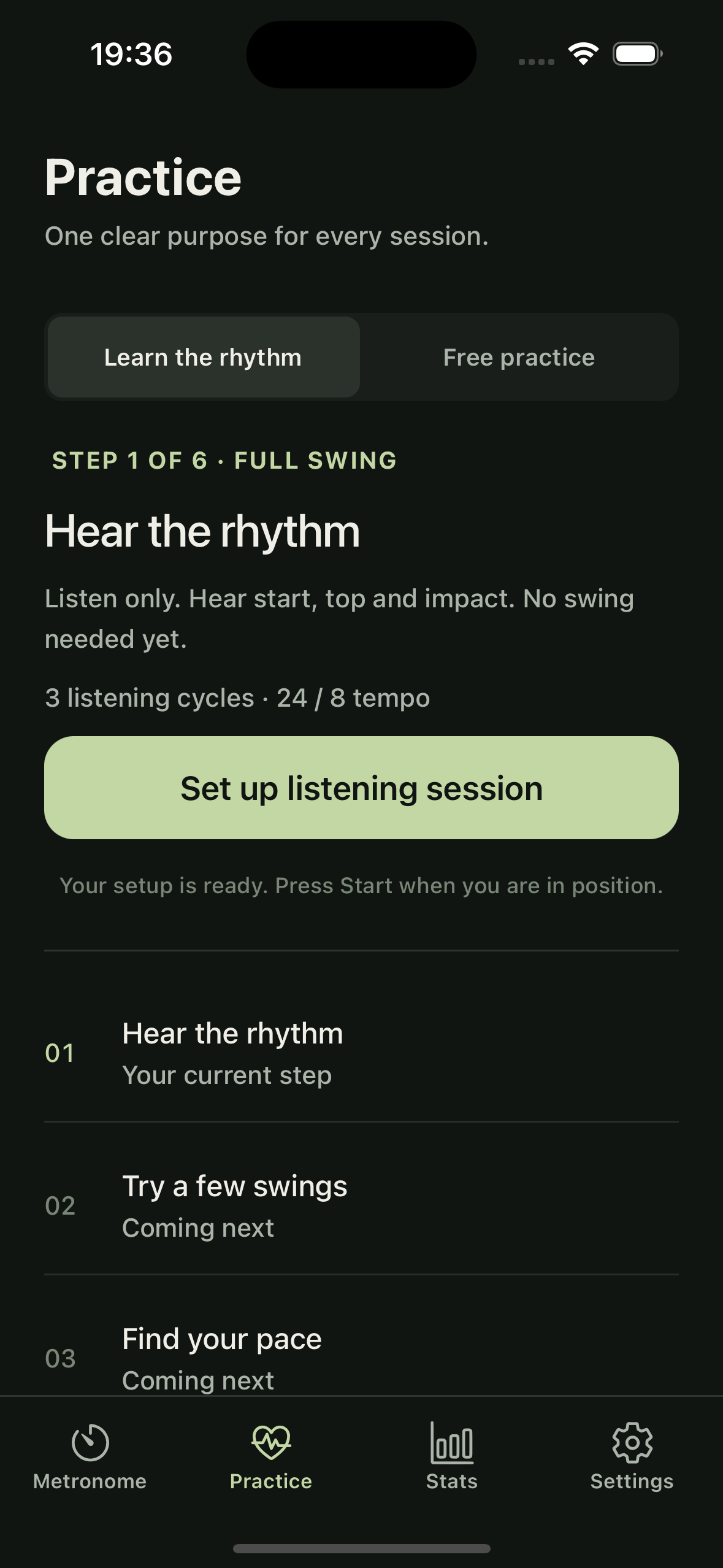 Golf Metronome app showing the guided learning screen