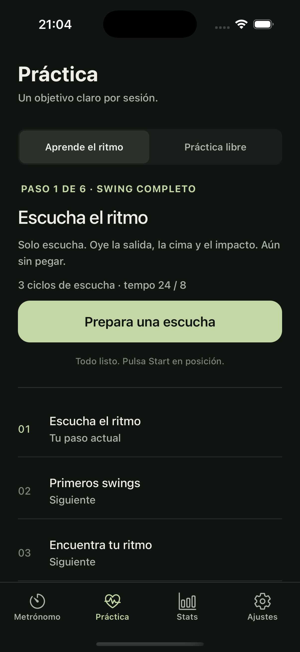 App Golf Metronome mostrando el aprendizaje guiado