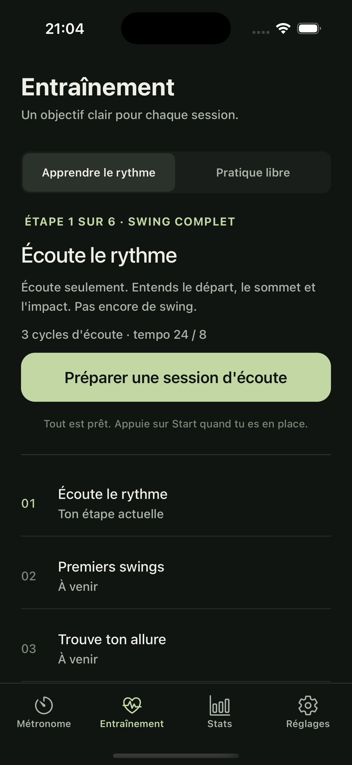 App Golf Metronome affichant l’apprentissage guidé