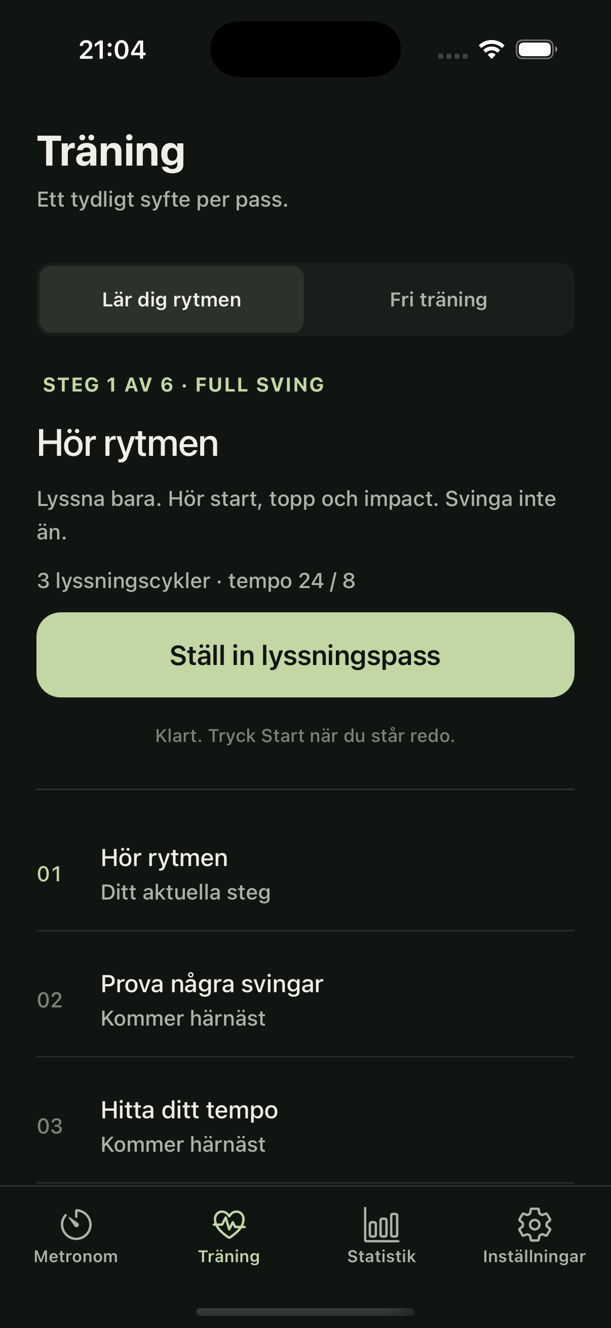 Golf Metronome-appen visar guidad inlärning