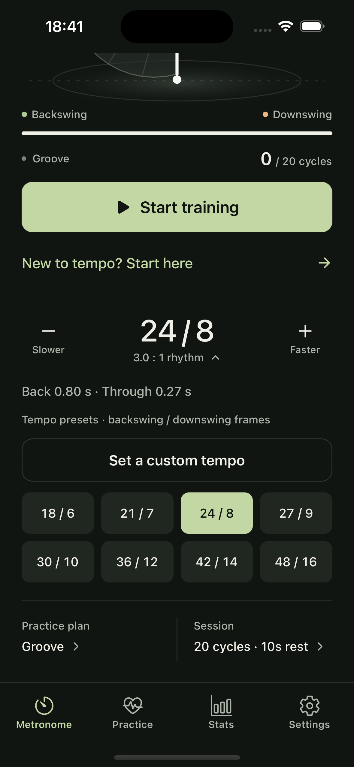 Golf Metronome app showing tempo controls