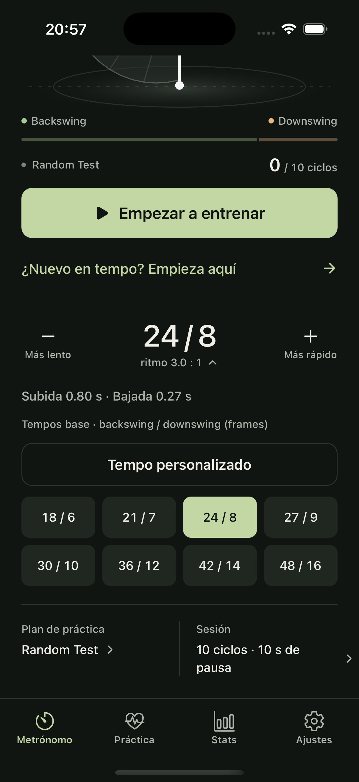 App Golf Metronome mostrando los controles de tempo