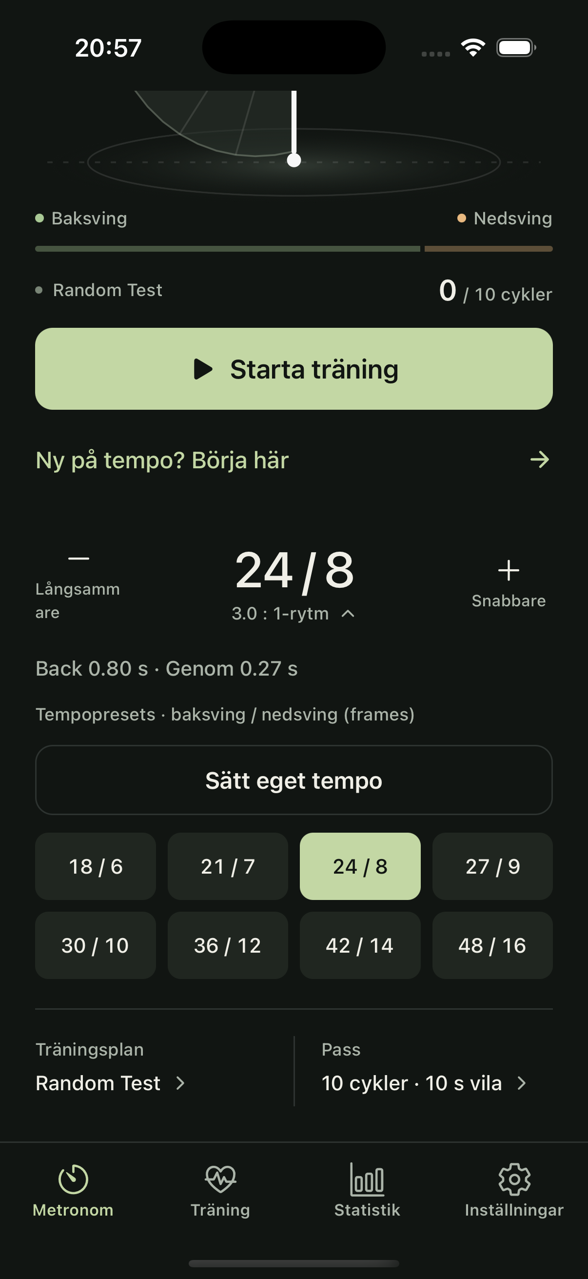 Golf Metronome-appen visar tempokontroller