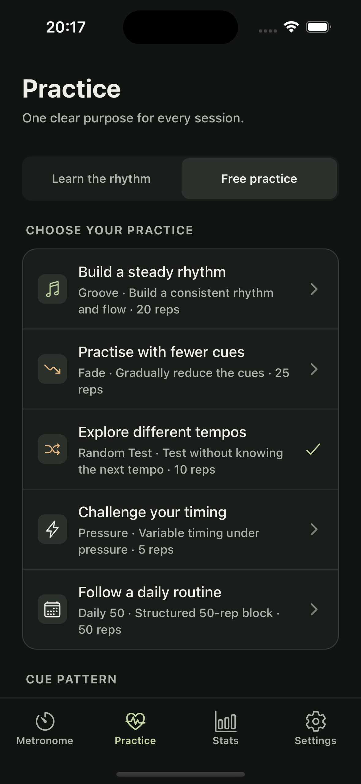 Golf Metronome app showing the Pro practice programs