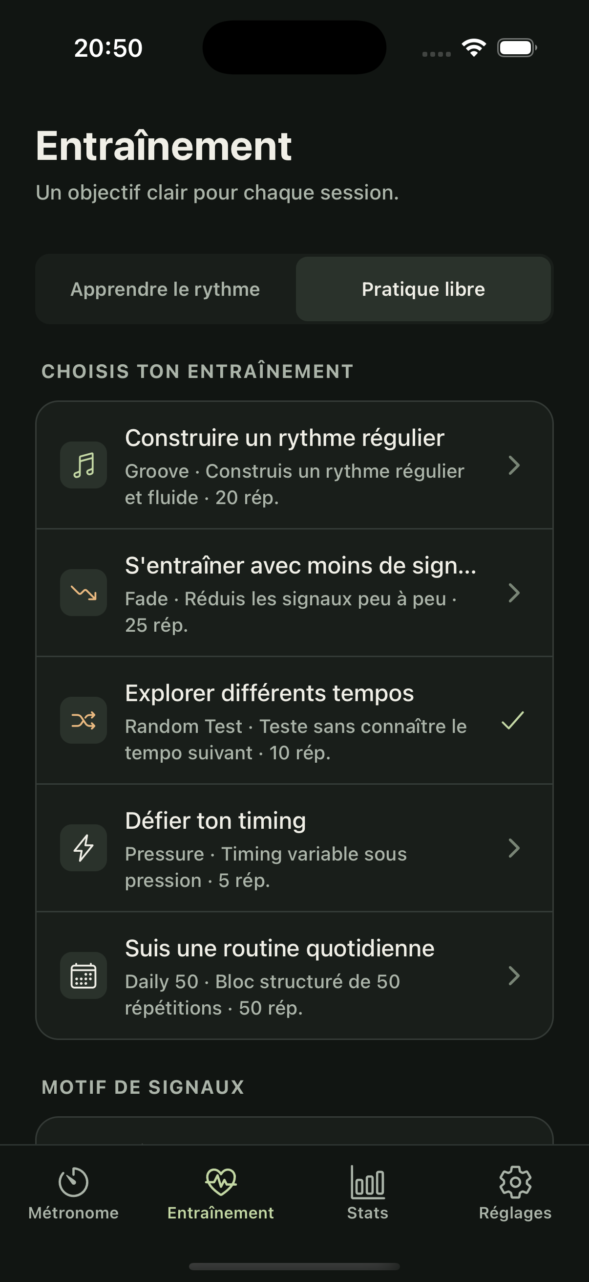 App Golf Metronome affichant les programmes Pro